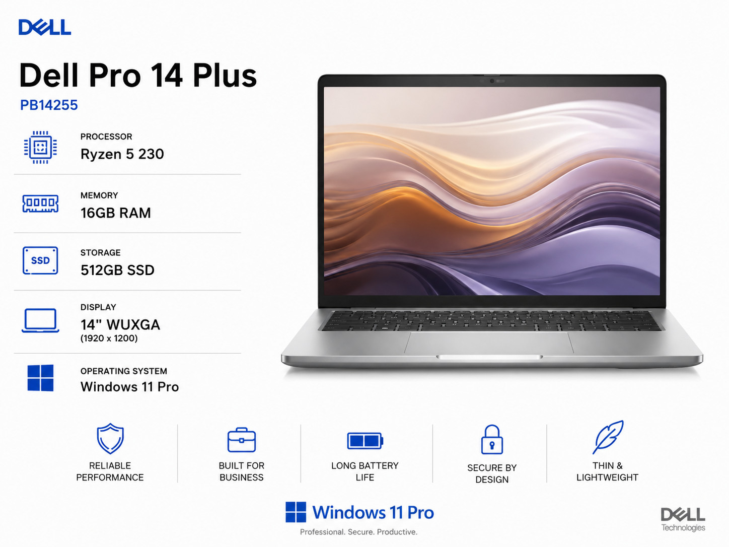Dell Pro 14 Plus PB14255 | Ryzen 5 230 / 16GB RAM / 512GB/14″ WUXGA/Win 11 Pro