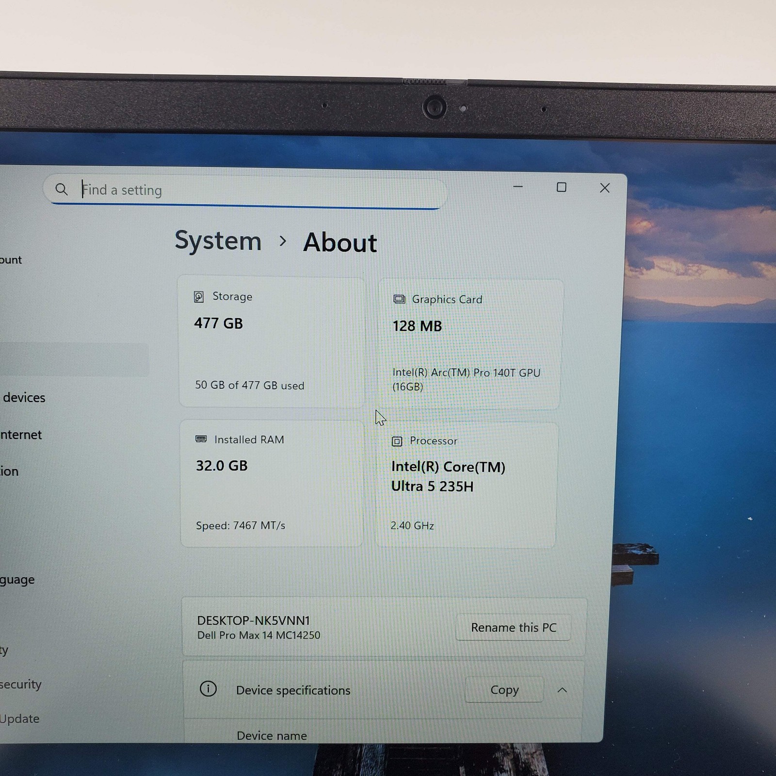 Dell Pro Max 14 MC14250 Intel core ultra 5 235h 32GB RAM 500GB