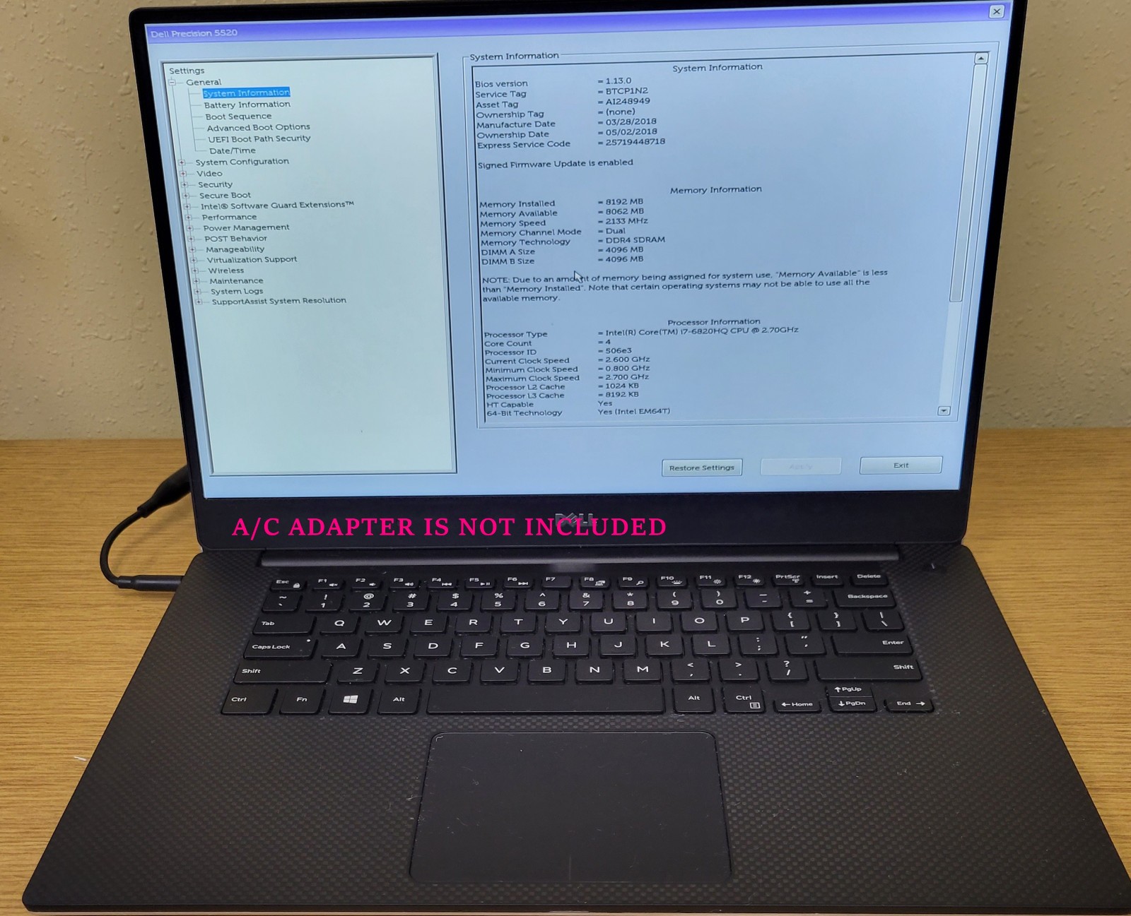 Dell Precision 5520 i7-6820HQ 2.70GHz 8GB DDR4 Quadro M1200 No OS/SSD/HDD