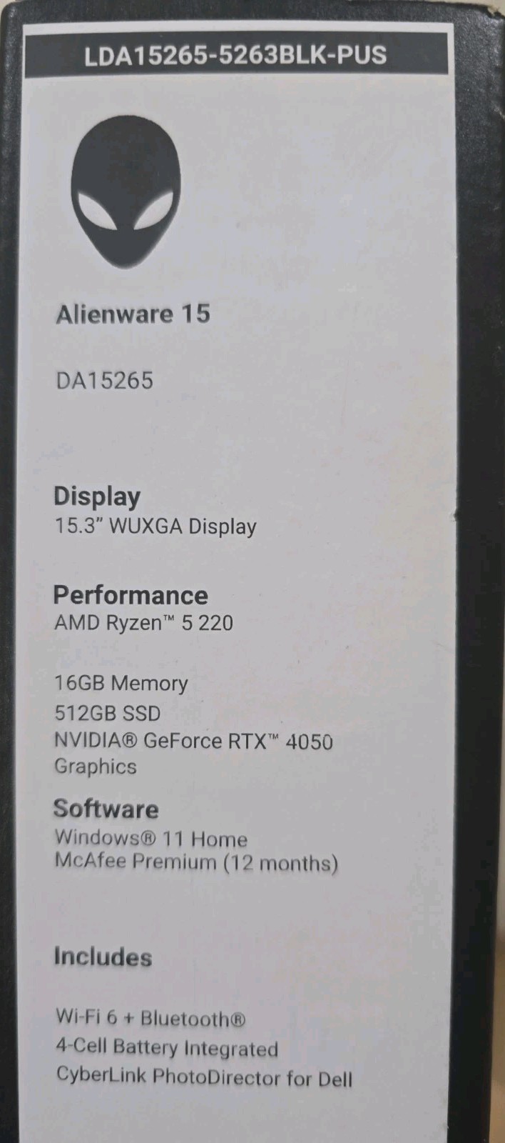 NEW Alienware 15″ 165Hz 16GB 512GB Gaming AMD Ryzen5 220 NVIDIA RTX 4050 DA15265