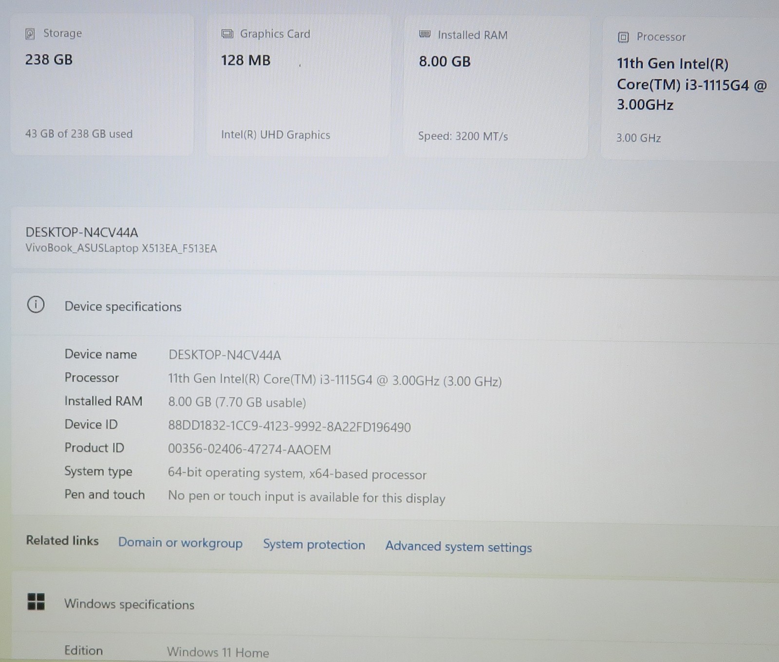 VIVOBOOK F513E I3-1115G4@3.0GHZ, 8GB, 256GB
