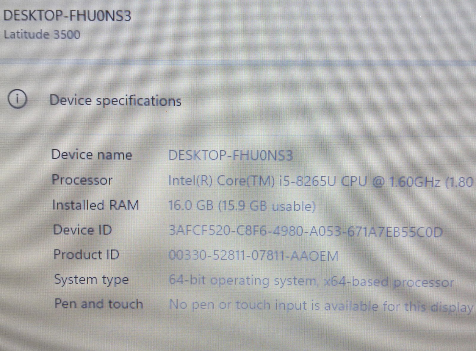 Dell Latitude 3500 15″ i5 8265u 1.6GHz 256GB NVMe SSD 16GB Windows 11 Pro
