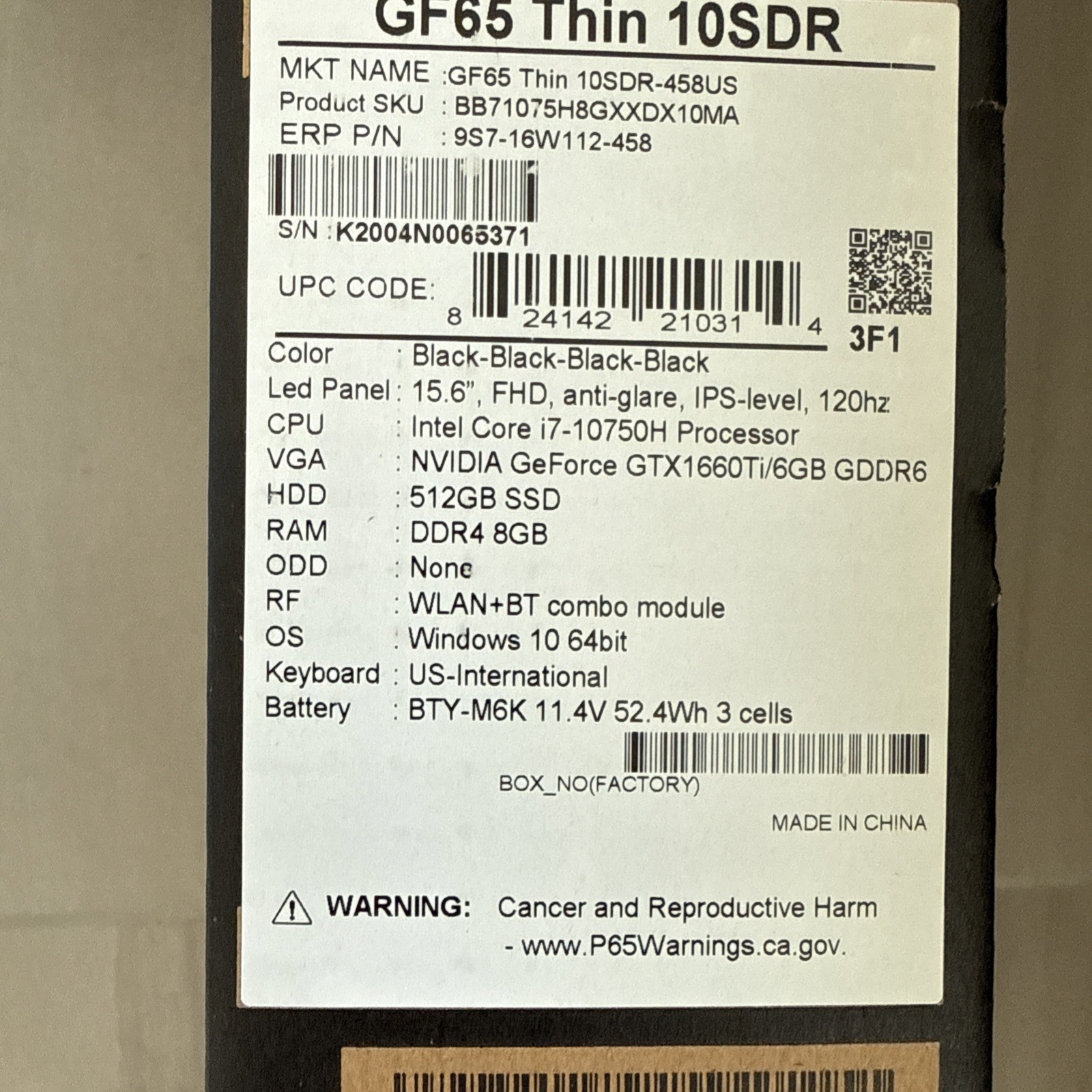 MSI GF65 THIN 10SDR-458 15.6” 512GB SSD, Intel Core i7-10750H, 2.60GHz, 8GB, W11