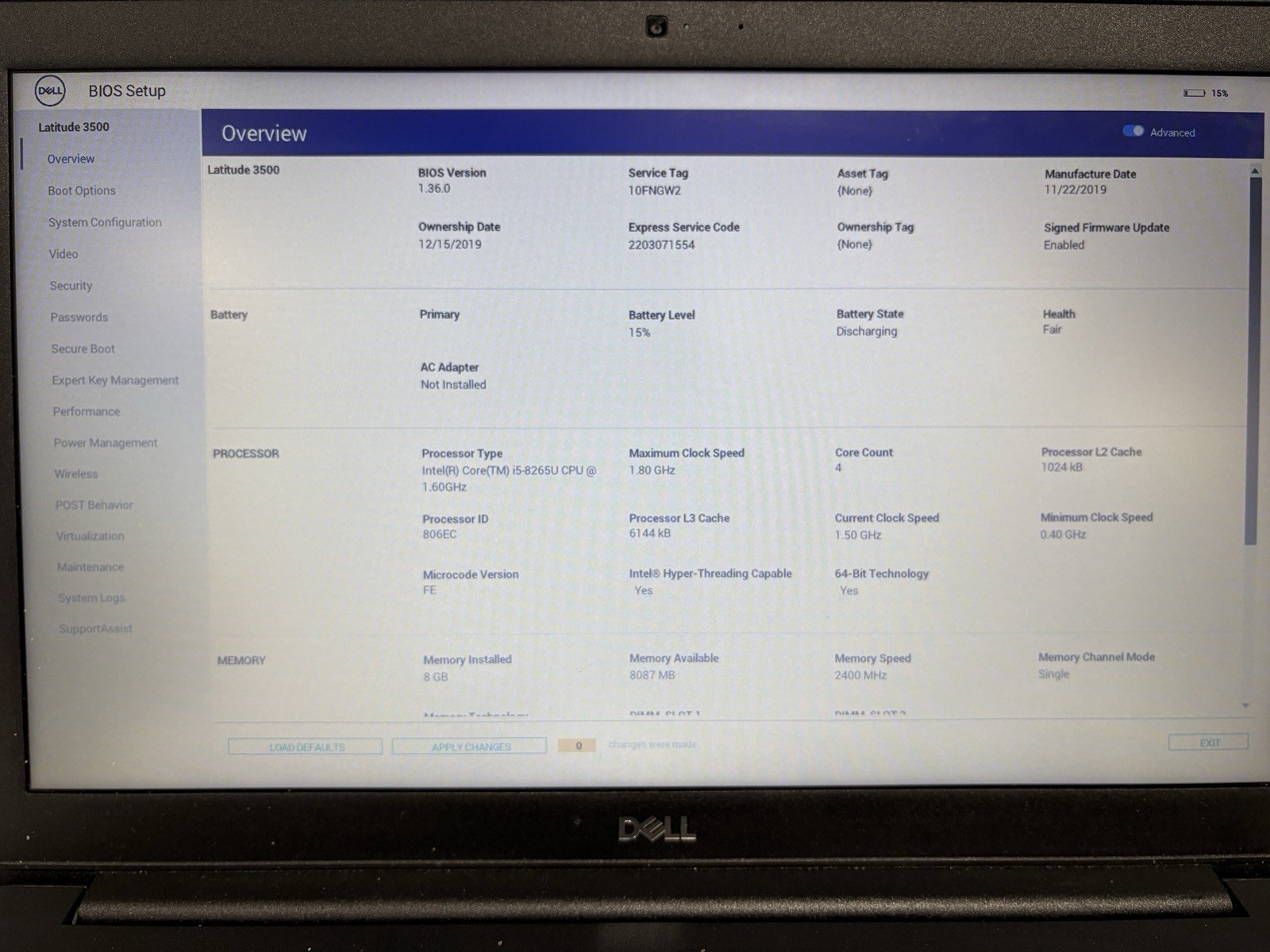 Dell Latitude 3500 15″ i5-8265U 8GB RAM 256GB SSD | No Charger | No OS