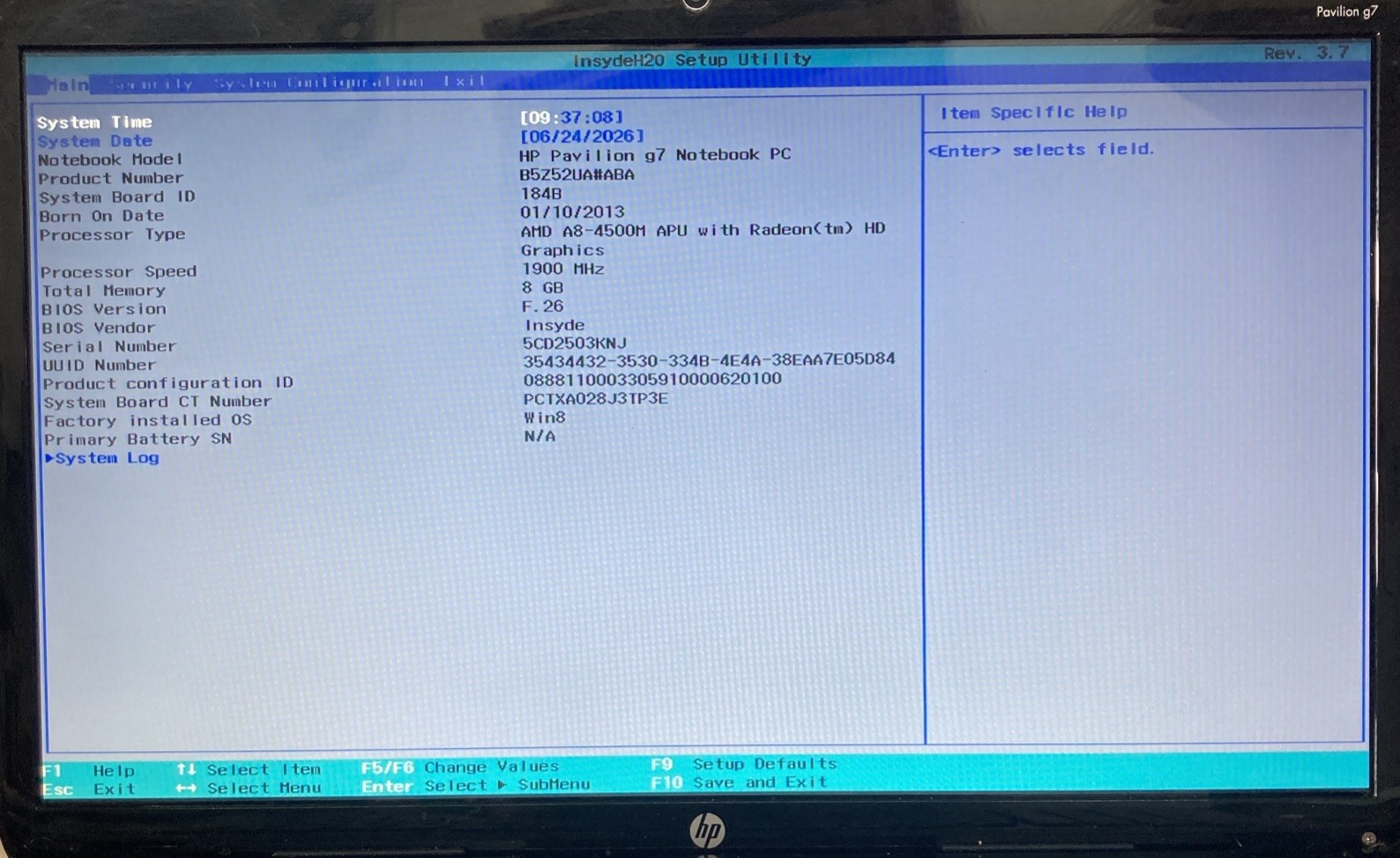 HP Pavilion Laptop g7 AMD A8-4500M 1.90GHz no RAM/HDD Boot to BIOS