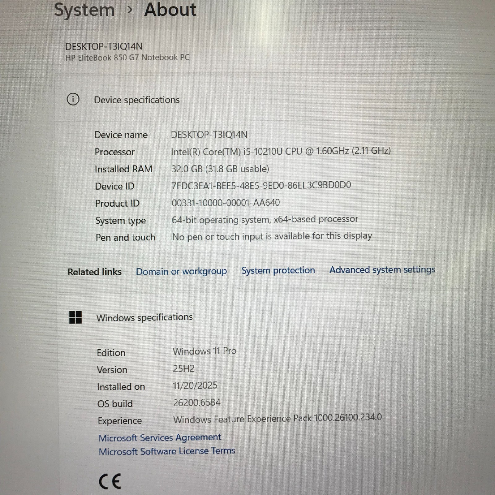 HP EliteBook 850 G7 14″ i5-10210U 1.60GHz 32GB Ram 512GB SSD (Windows 11 Pro)
