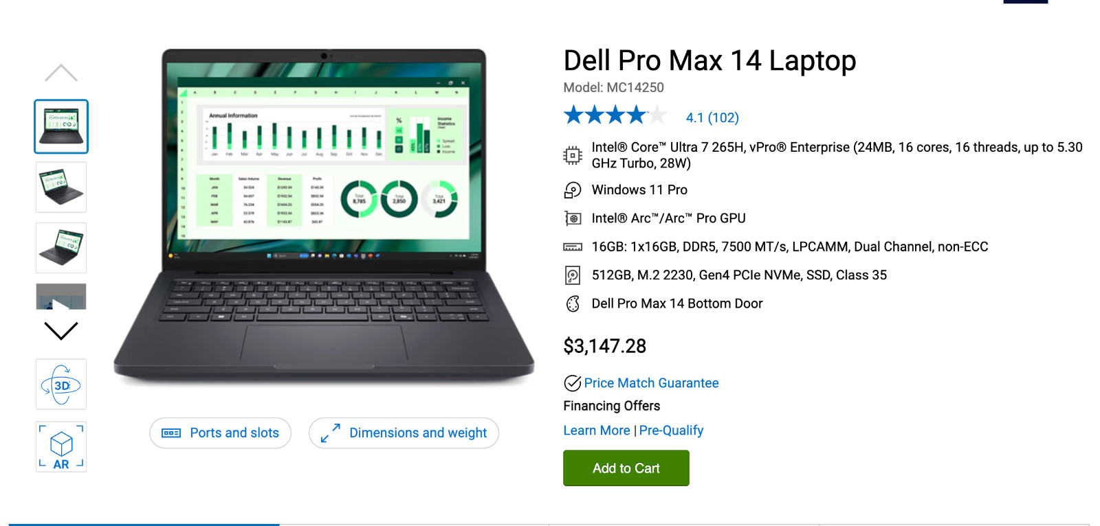 BUSINESS LAPTOP – TOUCHSCREEN DELL PRO MAX 14 in ULTRA 7-265H – WRNTY
