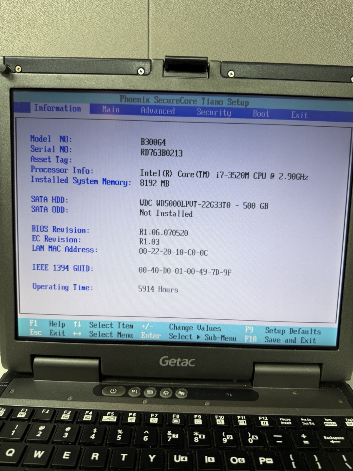 Getac B300 G4 Rugged Laptop i7-3520M 8GB RAM 500GB HDD Boots to BIOS