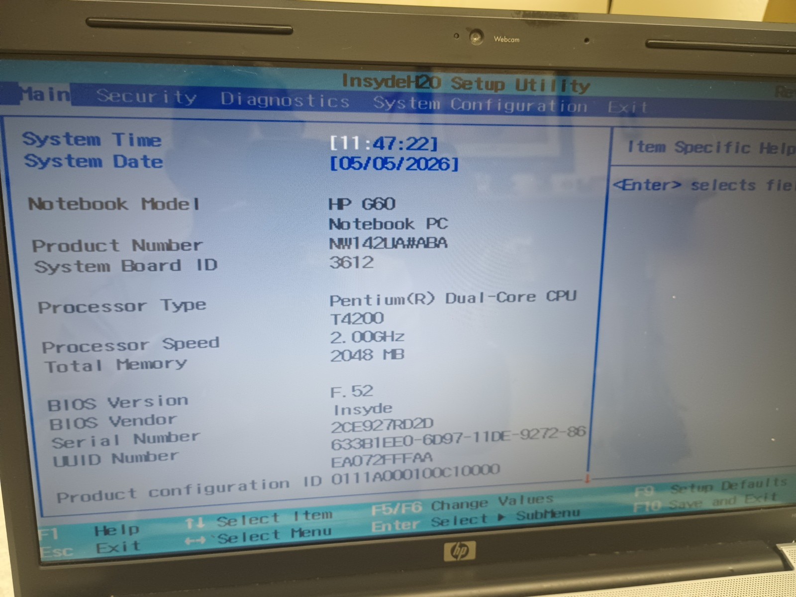 HP G60-441us Laptop Intel Pentium Dual Core T4200 2GB Ram NO HD/OS Boot To Bios