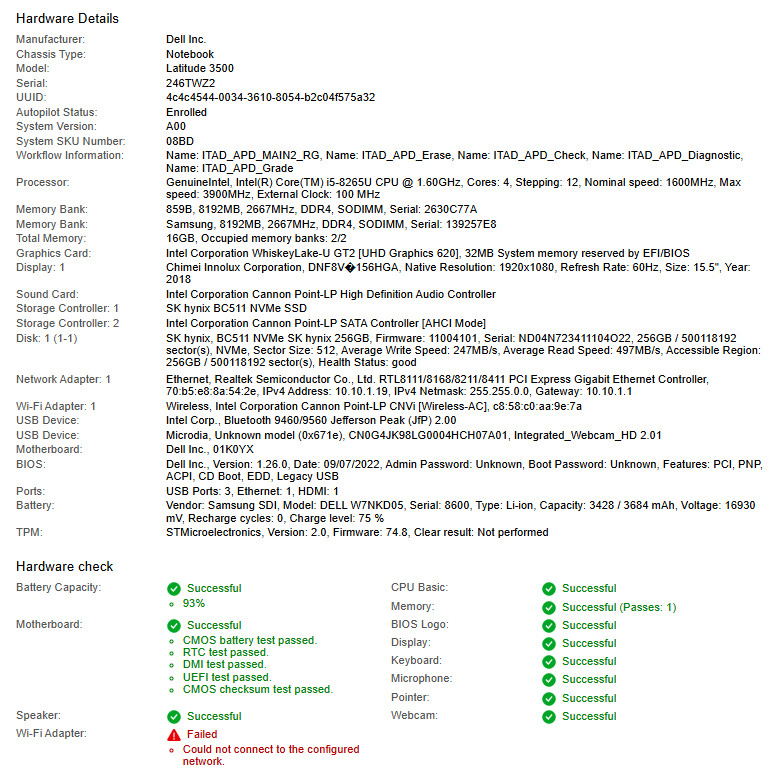 Dell Latitude 3500, i5-8265U, @ 1.60GHz, 16GB RAM, 256GB NVMe-No OS/Charger