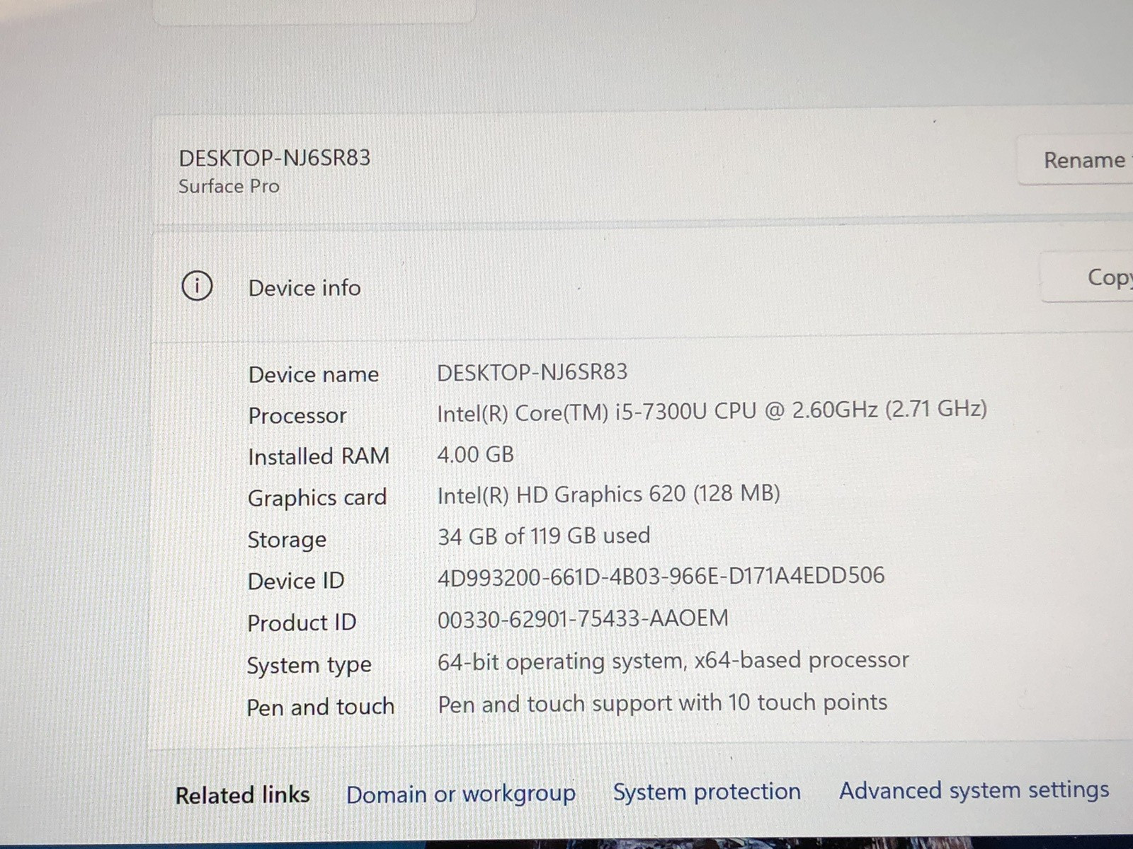 Microsoft Surface Pro 1796 12.3” Intel i5-7300U 2.6GHz 4GB RAM 128GB SSD WIN 11