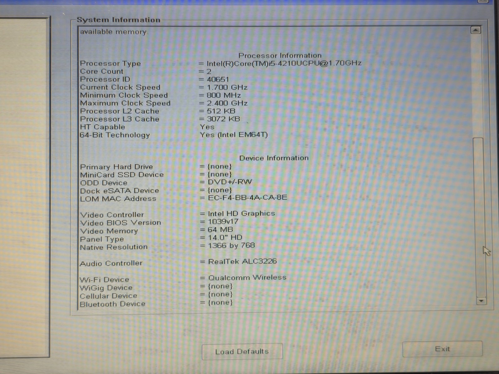 Dell Latitude E5440 Intel Core i5-4310U 2.0GHz 4GB RAM NO HDD/OS Boots Bios #43