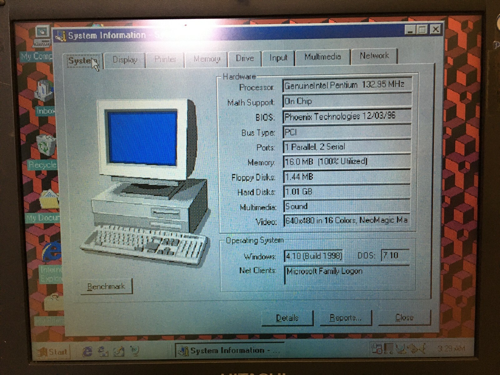 Hitachi Notebook Pentium I E133DN/1000 Dos windows 98 Laptop 16MB RAM 1GB HDD