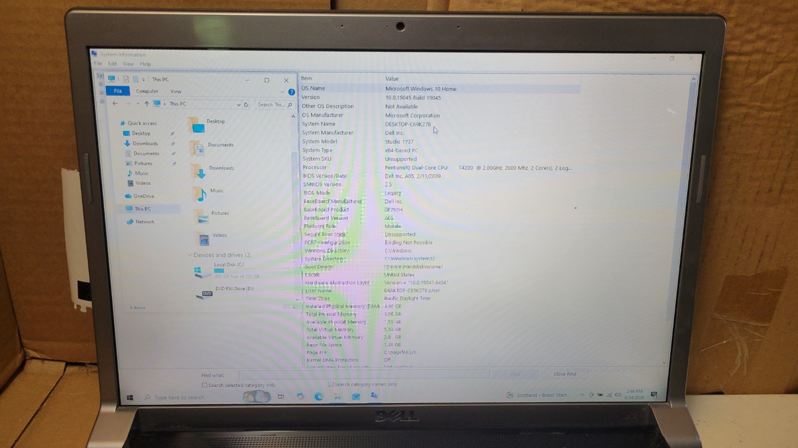 Dell Studio 1737 Laptop | Intel Pentium T4200 2GHz | 4GB Ram | 240GB HDD Win 10