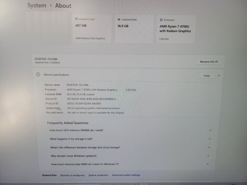 Lenovo IdeaPad Flex 5 14ARE05 81X2 Ryzen 7 16GB Backlit Kb *INCOMPLETE*