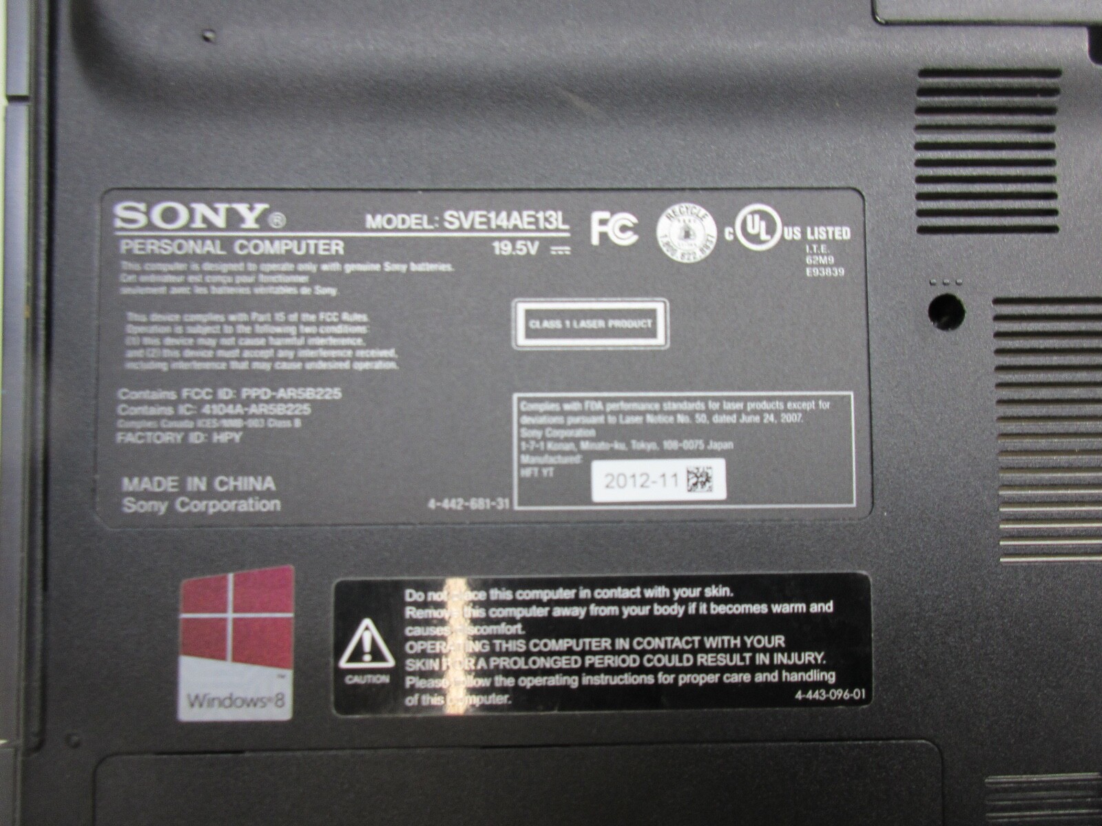 Sony Vaio PCG-61411L VPCCW27FX Intel Core i5 1st Gen 4GB NO HDD No Batt
