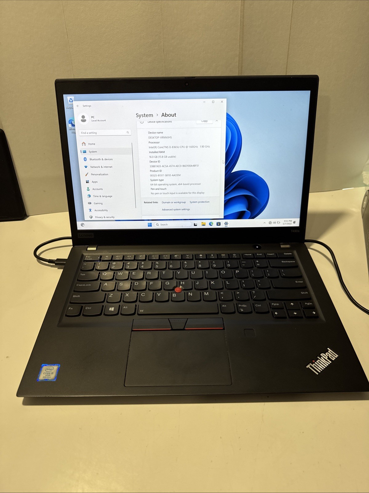 LENOVO T490s 20NYS3LK00 i5-8365U 1.60GHz 16GB Ram {512GB Windows 11 Pro} No AC