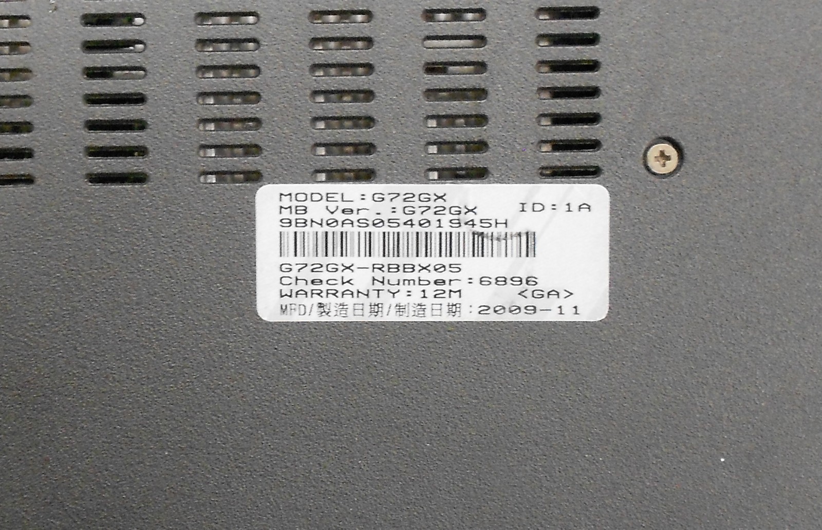 Asus G72GX Intel Core 2 Duo Windows 7 Laptop Untested As/Is 0601-01M