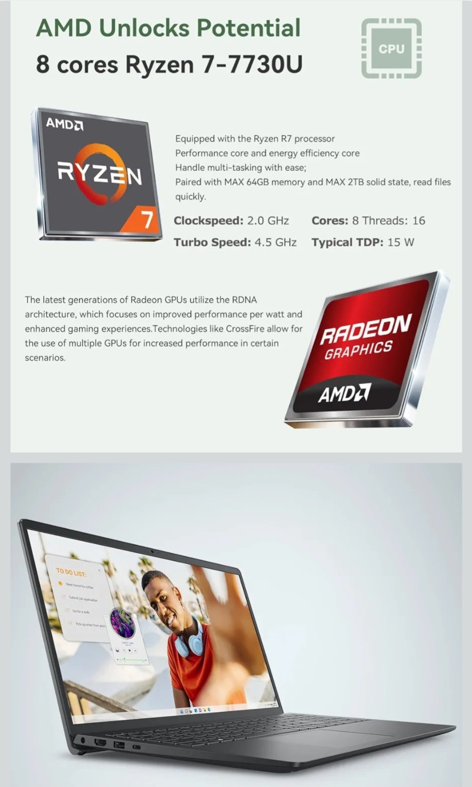 Dell Inspiron 15 Laptop, 15.6″ FHD, 8Core AMD Ryzen 7 7730U, 32GB DDR4 RAM, 1TB.