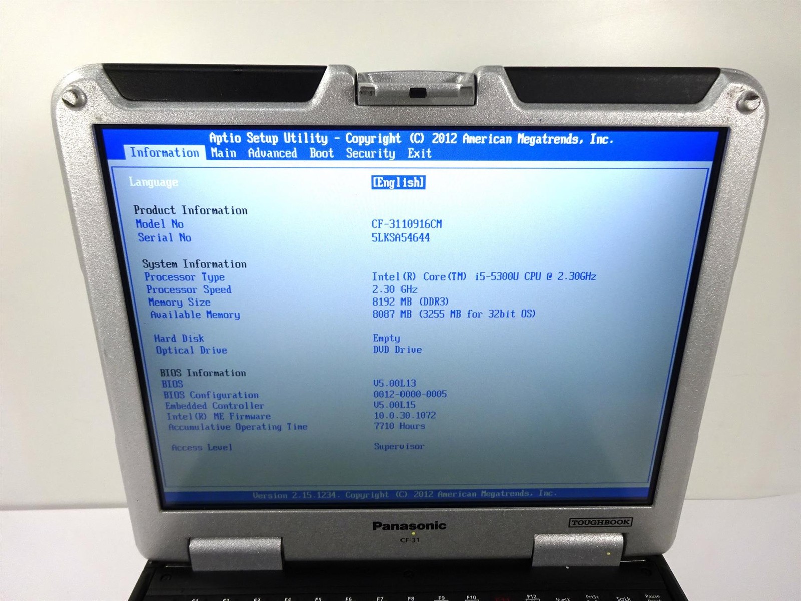 Lot 3 – Panasonic CF-31 MK5 Core i5-5300U 2.3GHz 8GB RAM – No Hard Drive