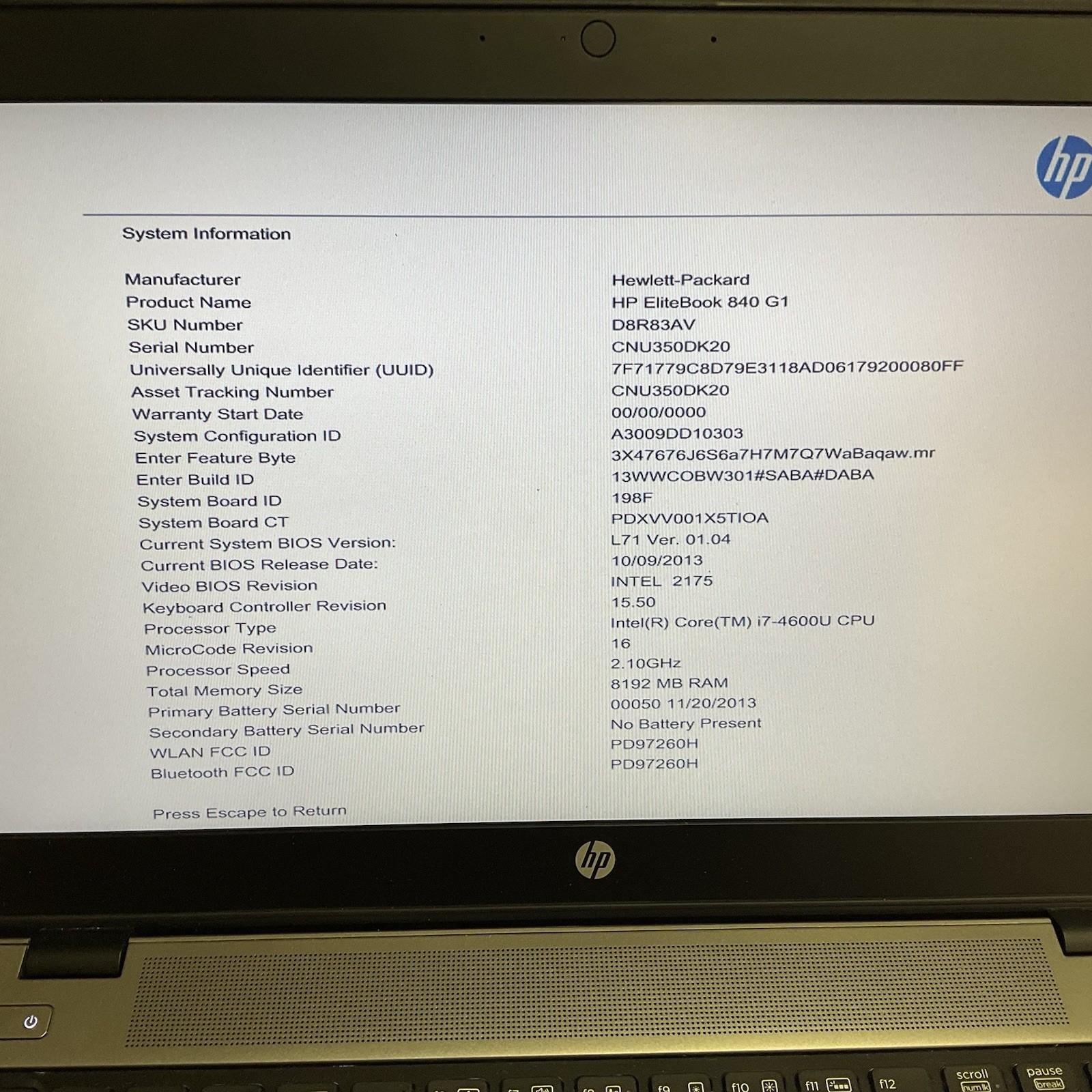 HP EliteBook 840 G1 14″ Laptop Intel Core i7-4600U 8GB Ram NO HDD NO OS