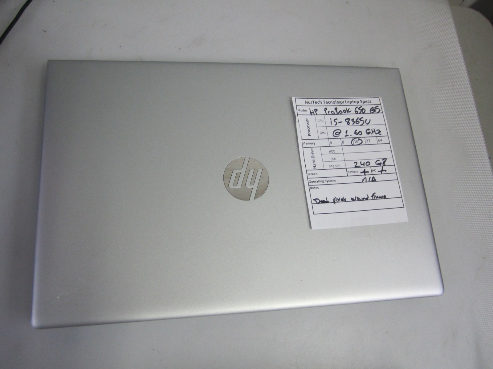 HP ProBook 650 G5 i5-8365U 1.60GHz 16GB 240GB Laptop NO OS + AC READ