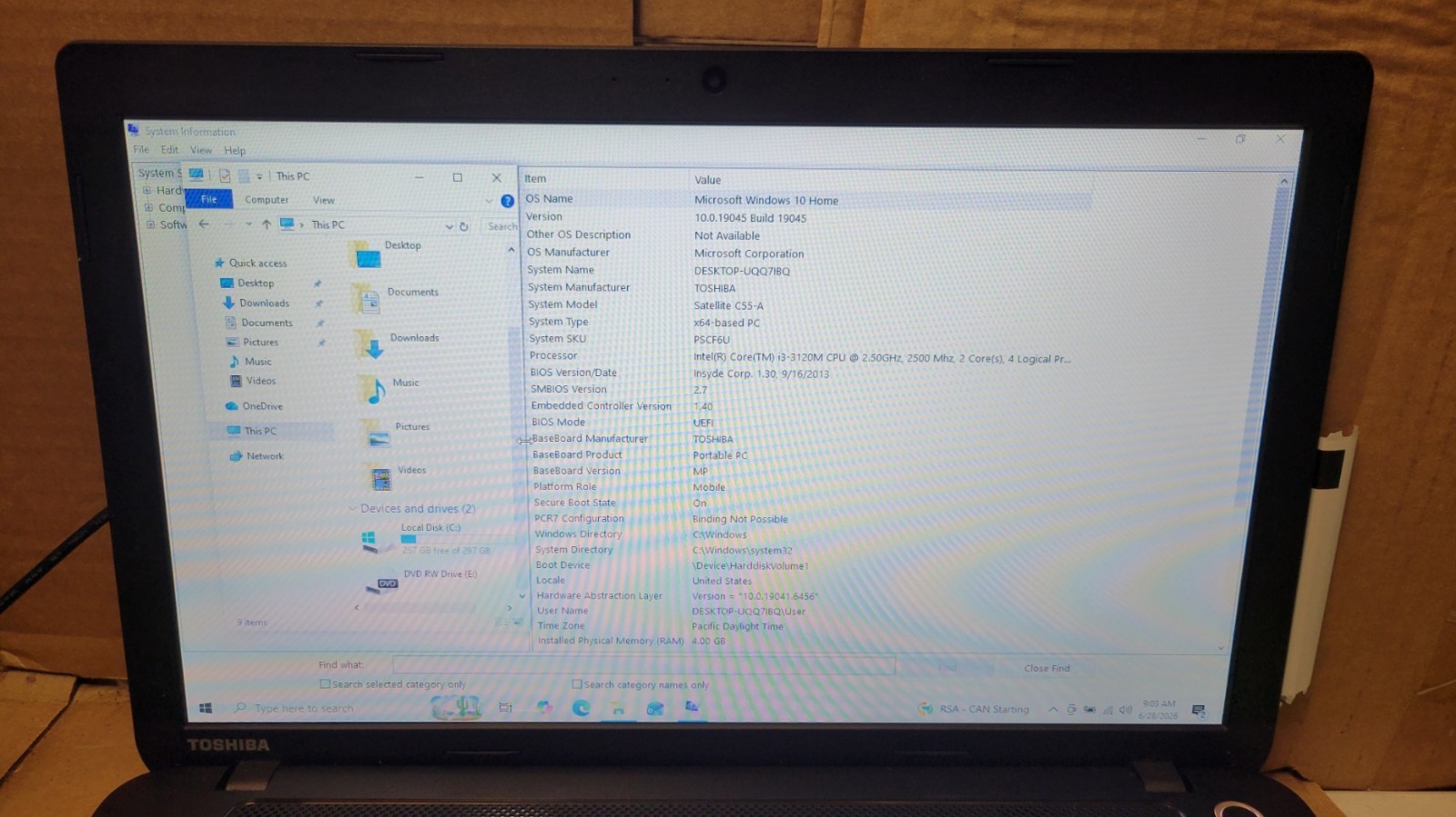 TOSHIBA Satellite C55-A5310 Laptop | i3-3120M | 4GB Ram | 320GB HDD | Win 10