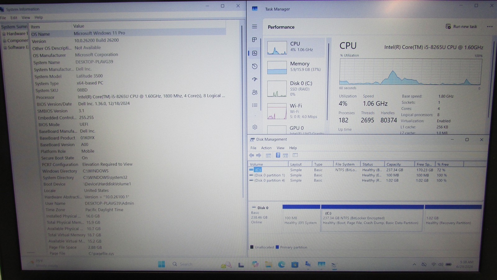 Dell Latitude 3500 i5-8265U 1.6GHz 16GB RAM 256GB m.2 15.6″ Win 11 Pro COSM DMG