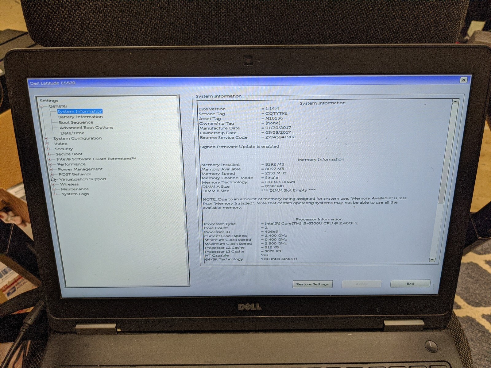 Dell Latitude E5570 Laptop Parts/Repair Core i5-6300U 2.4GHz 8GB RAM NO HD/batt