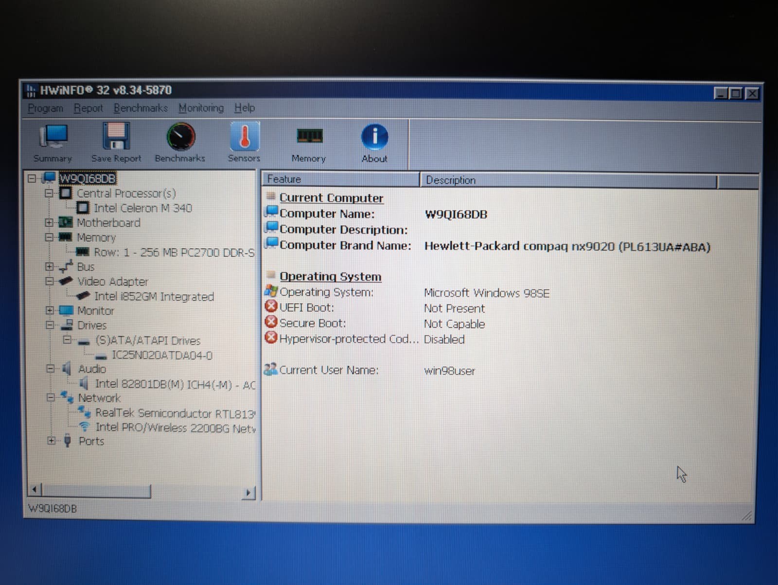 15″ HP Compaq NX9020 | Intel Celeron 256MB RAM 20GB HDD | Windows 98SE