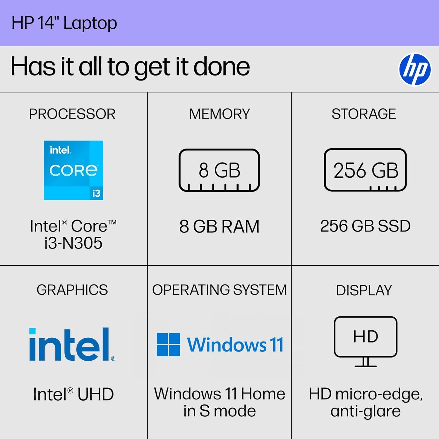 HP 14 inch Laptop, HD Display, Core i3-N305, 8 GB RAM, 256 GB SSD, 14-ep0299nr