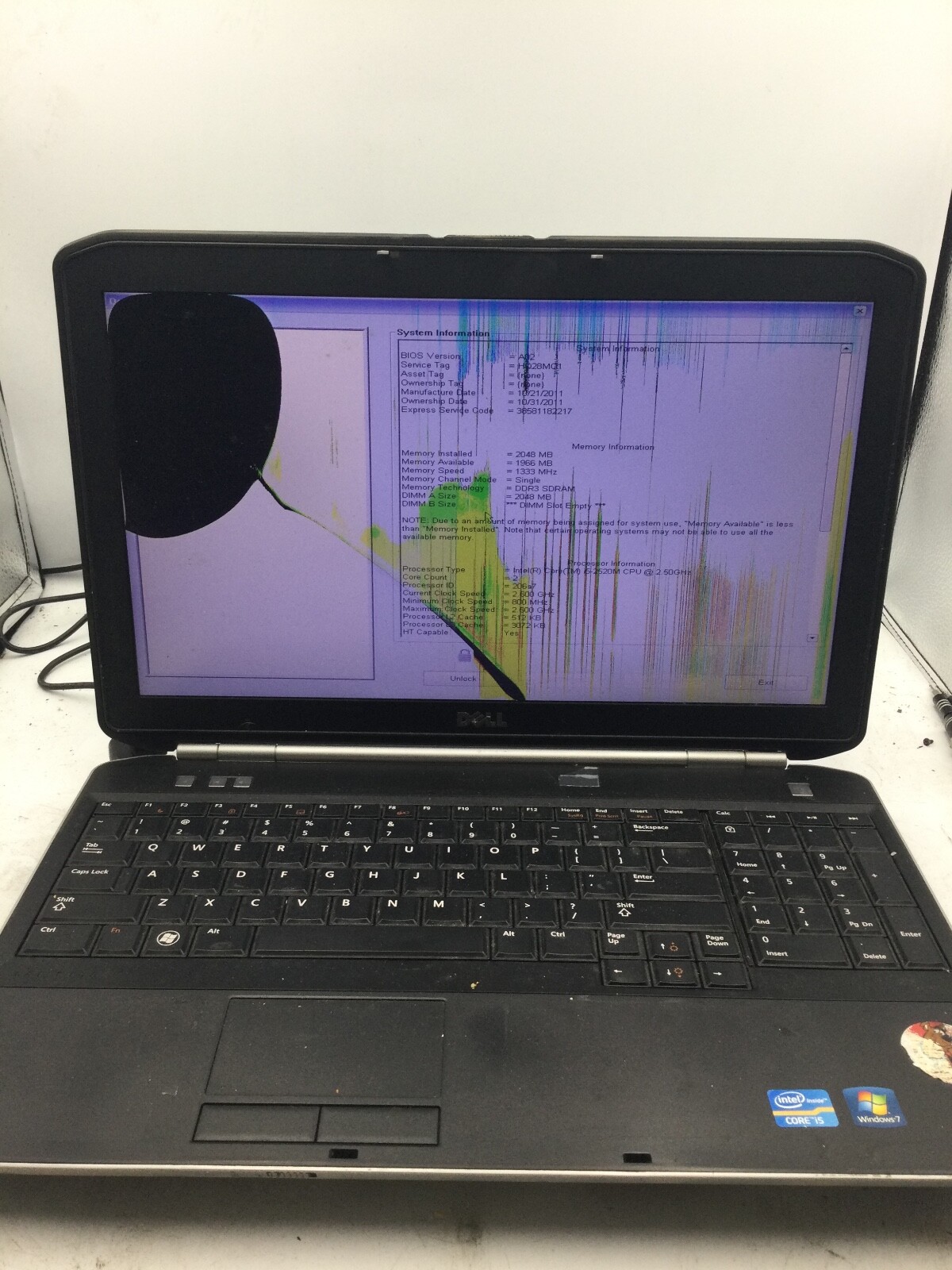 DELL LATITUDE E5520 – BOOTS TO BIOS – INTEL I5 2520 – NO RAM – BAD LCD – READ-BB