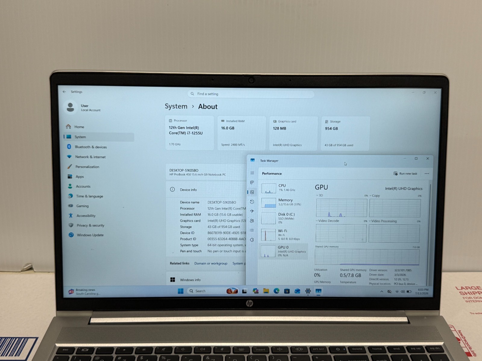 HP ProBook 450 G9 15.6″ Core i7-1255U @ 1.7GHz 16GB RAM 1TB SSD WIN 11
