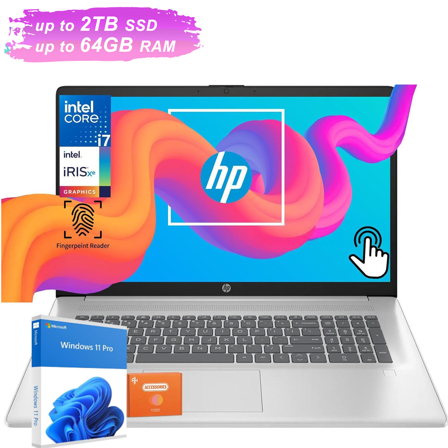 HP 17.3″Touch HD+ 250 nits Laptop,10Core i7-1355U,UpTo 64 2TB SSD +Win11 Pro