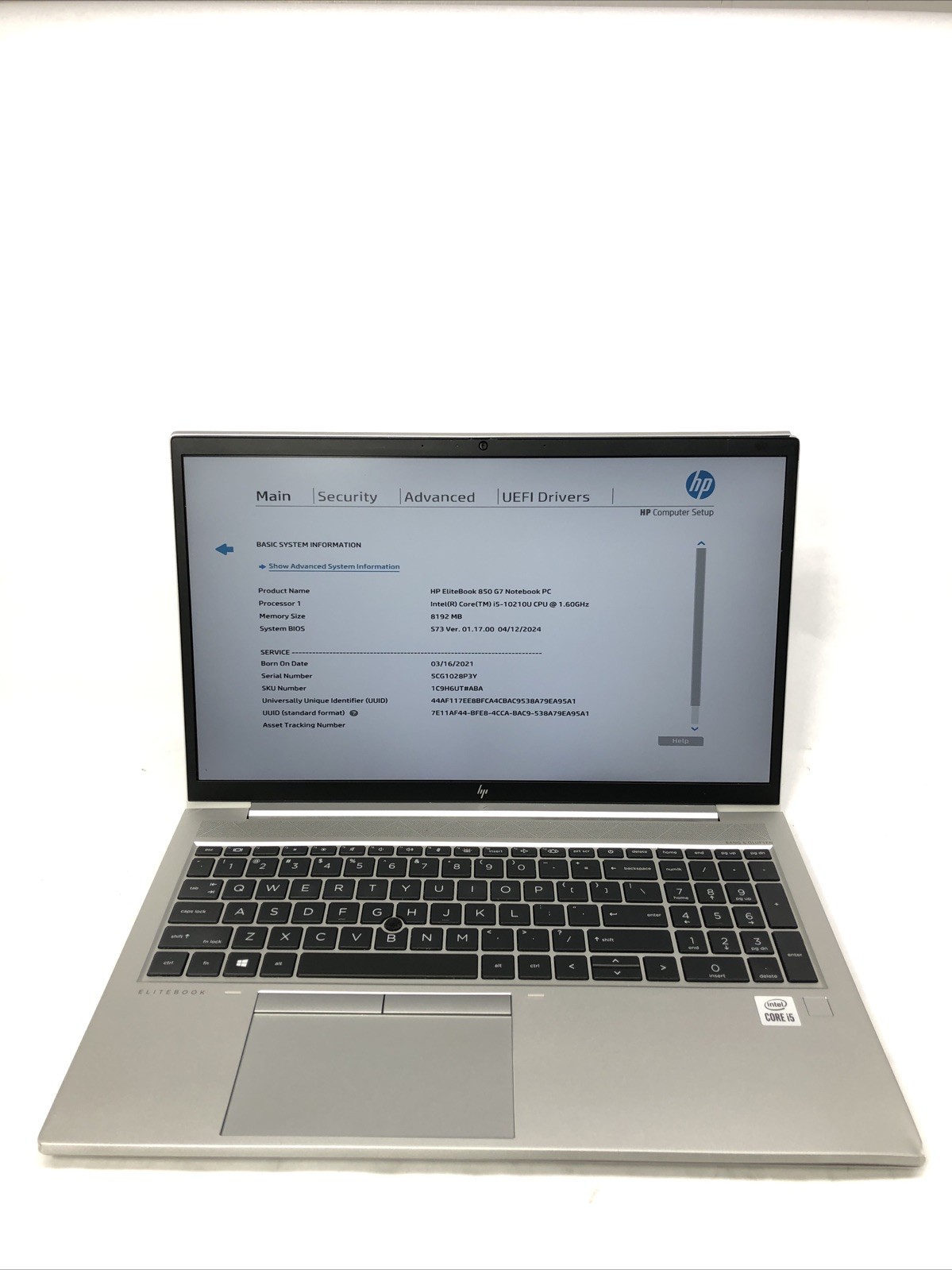 HP EliteBook 850 G7, Intel Core i5-10210U @1.60Ghz, 8GB RAM, NO SSD/OS, Tested!