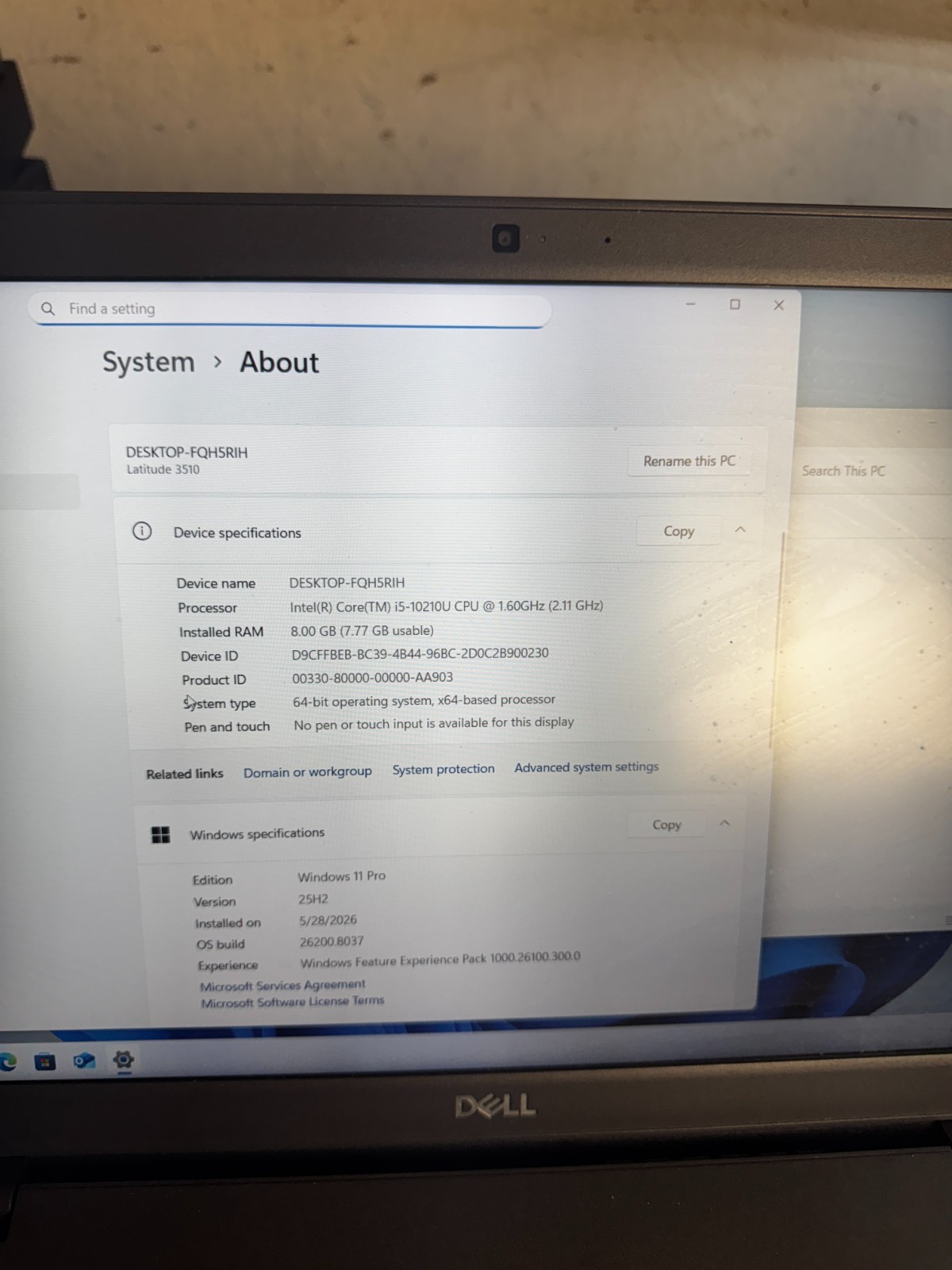 Dell Latitude 3510 Core I5-10210 256GB SSD 8GB RAM Win11 Pro Laptop *Read #5827