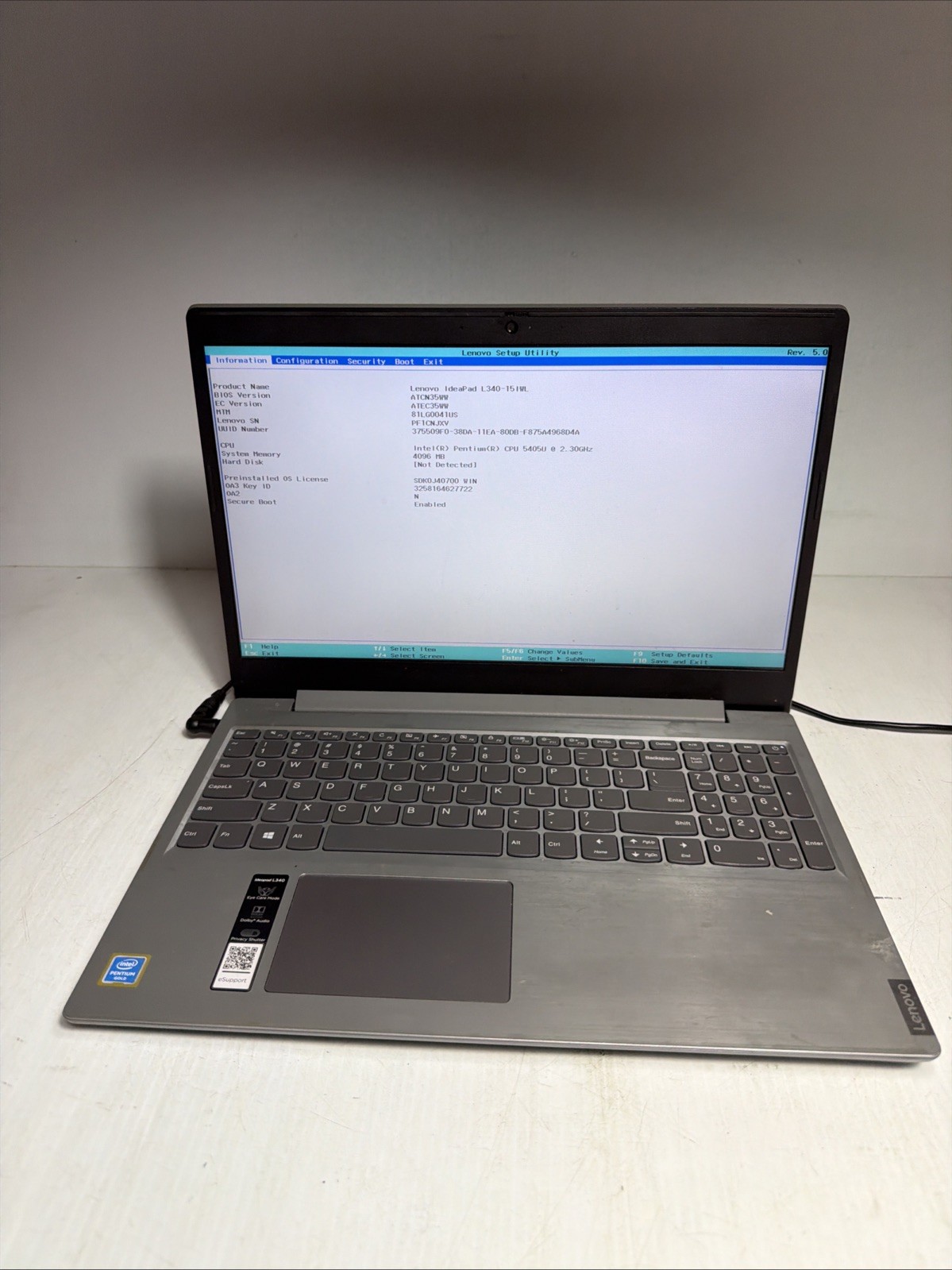Lenovo Ideapad L340-15IWL Laptop Pentium 5405u 4gb Ram No Drives Boots Bios