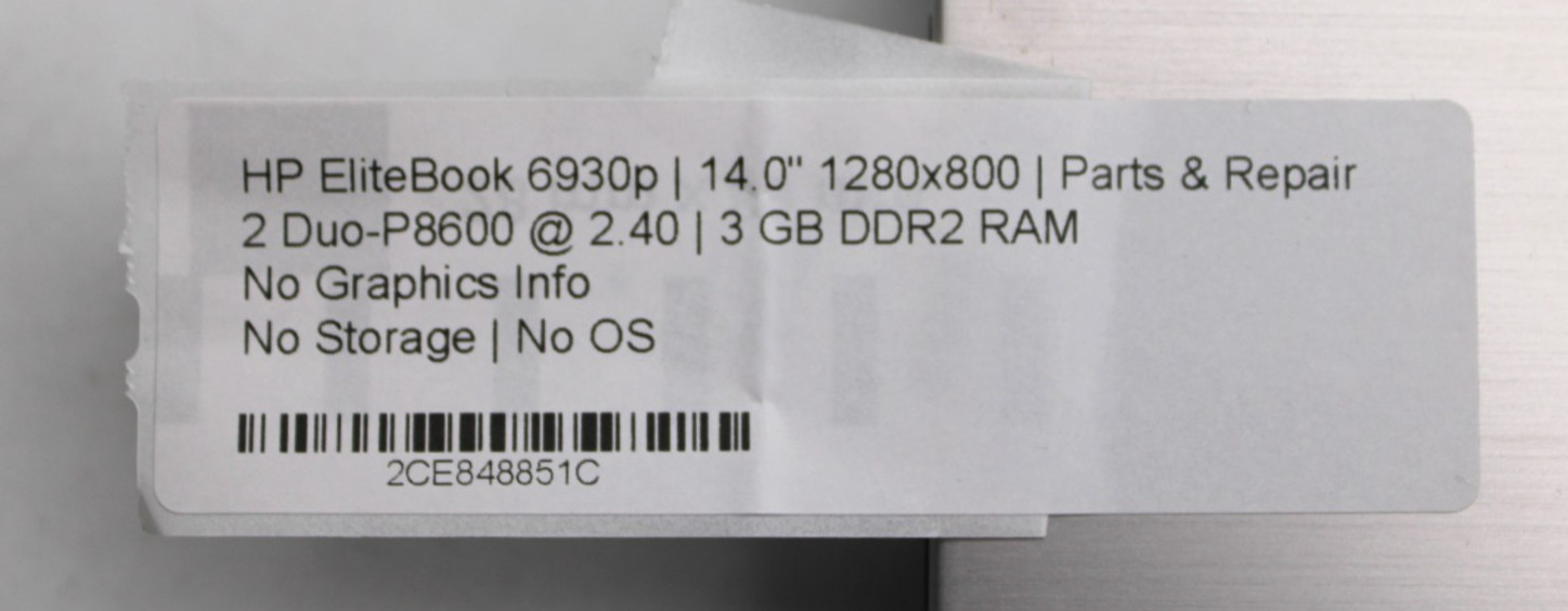 HP EliteBook 6930p 2Duo-P8600@2.4GHz 3GB DDR2 NO STORAGE OR OS *PARTS/REPAIR*