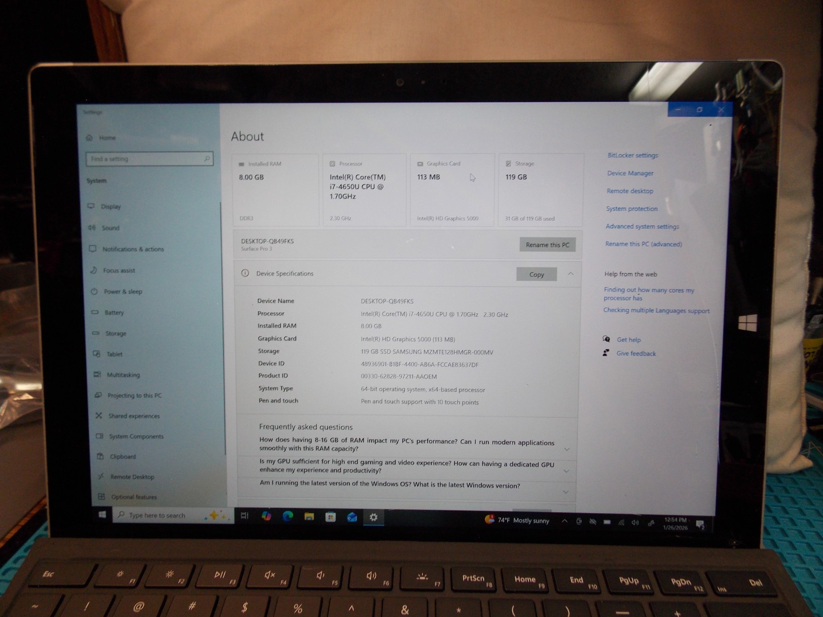USED Surface Pro-3 1631 12” i7-4650U 8GB RAM 128GB SSD works.