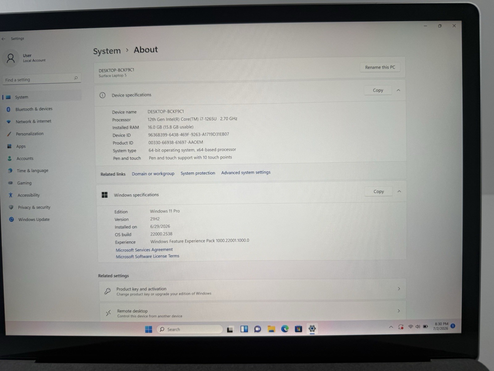 Microsoft Surface Laptop 5 13.5” 1950 Intel Core i7-1265U 16GB RAM 512GB NVME