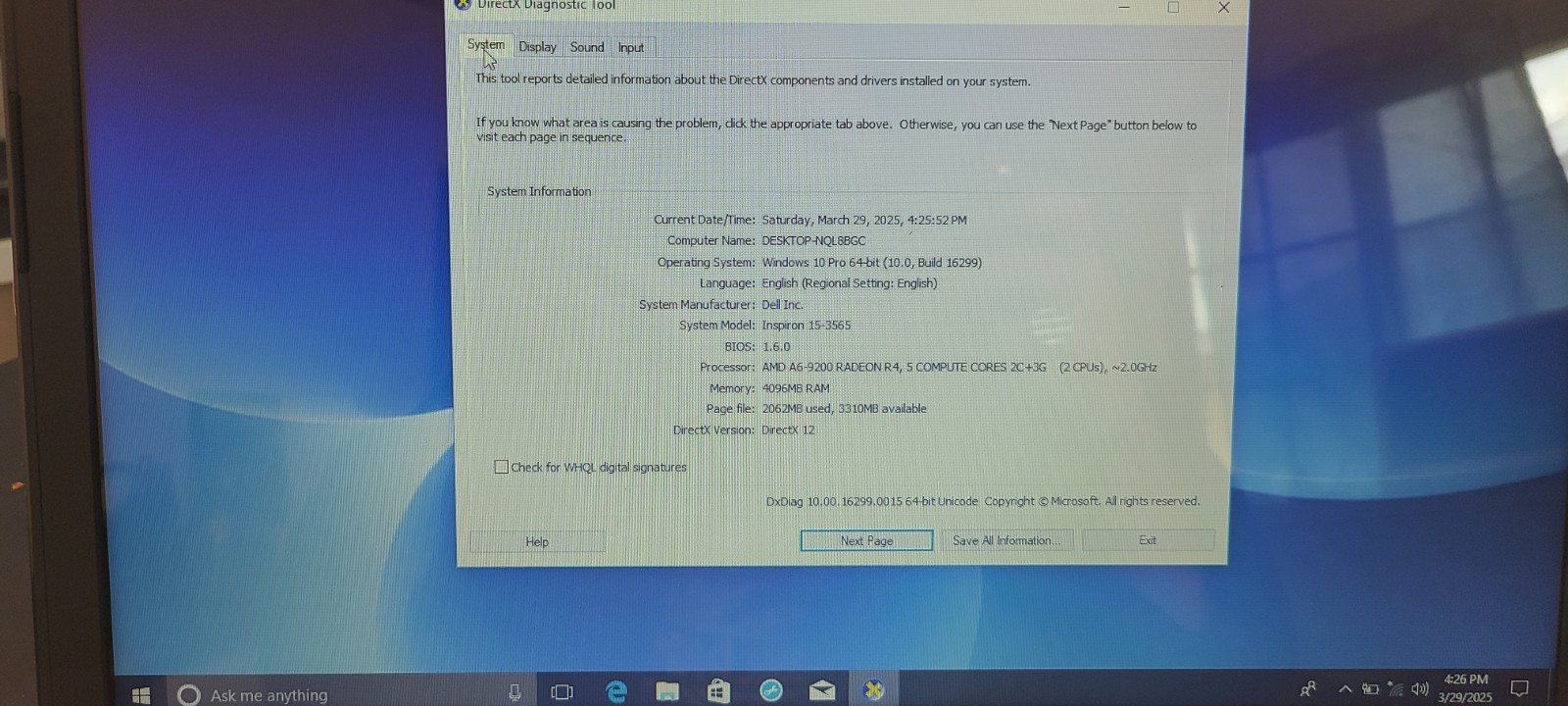 Dell Inspiron 15 3000 1TB HDD 4GB RAM AMD A6-9200 Radeon R4 – Windows10 PRO!