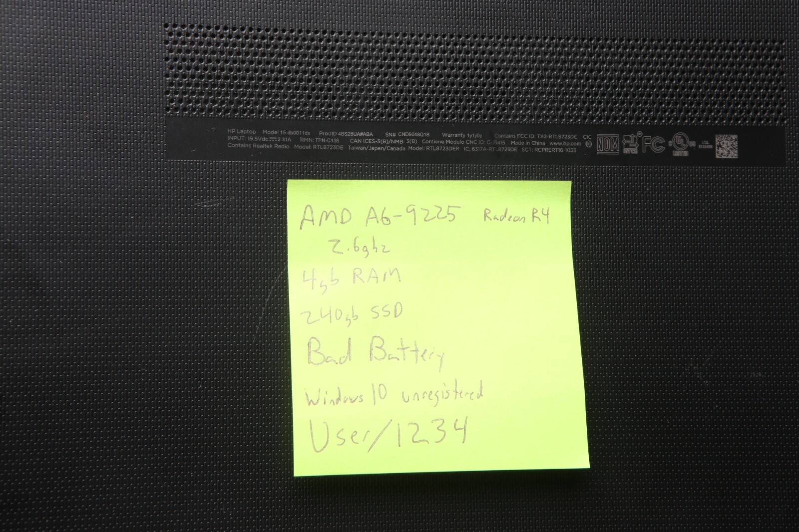 HP 15-db0011dx 15.6″ Laptop AMD A6-9225 Radeon R4 240GB SSD 4GB DDR4 READ E42