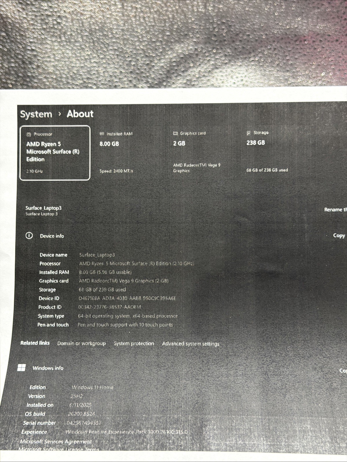 Microsoft Surface Laptop 3 1873 15″ Ryzen 5 Surface Edition 2.1GHz 8GB RAM 256 S