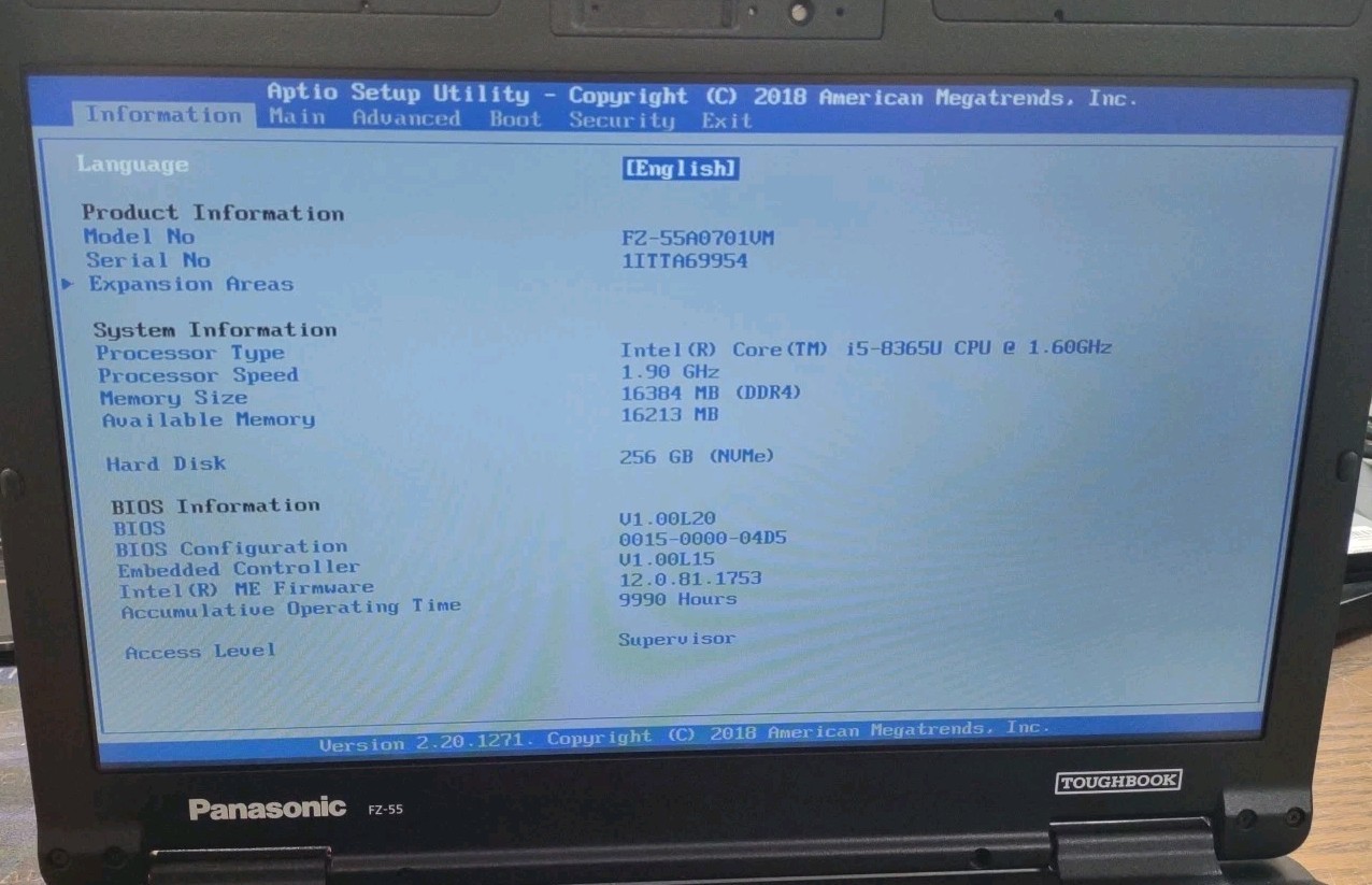 Panasonic ToughBook FZ-55 W/ i5-8365U, 256GB SSD, 16GB RAM. NON TOUCH