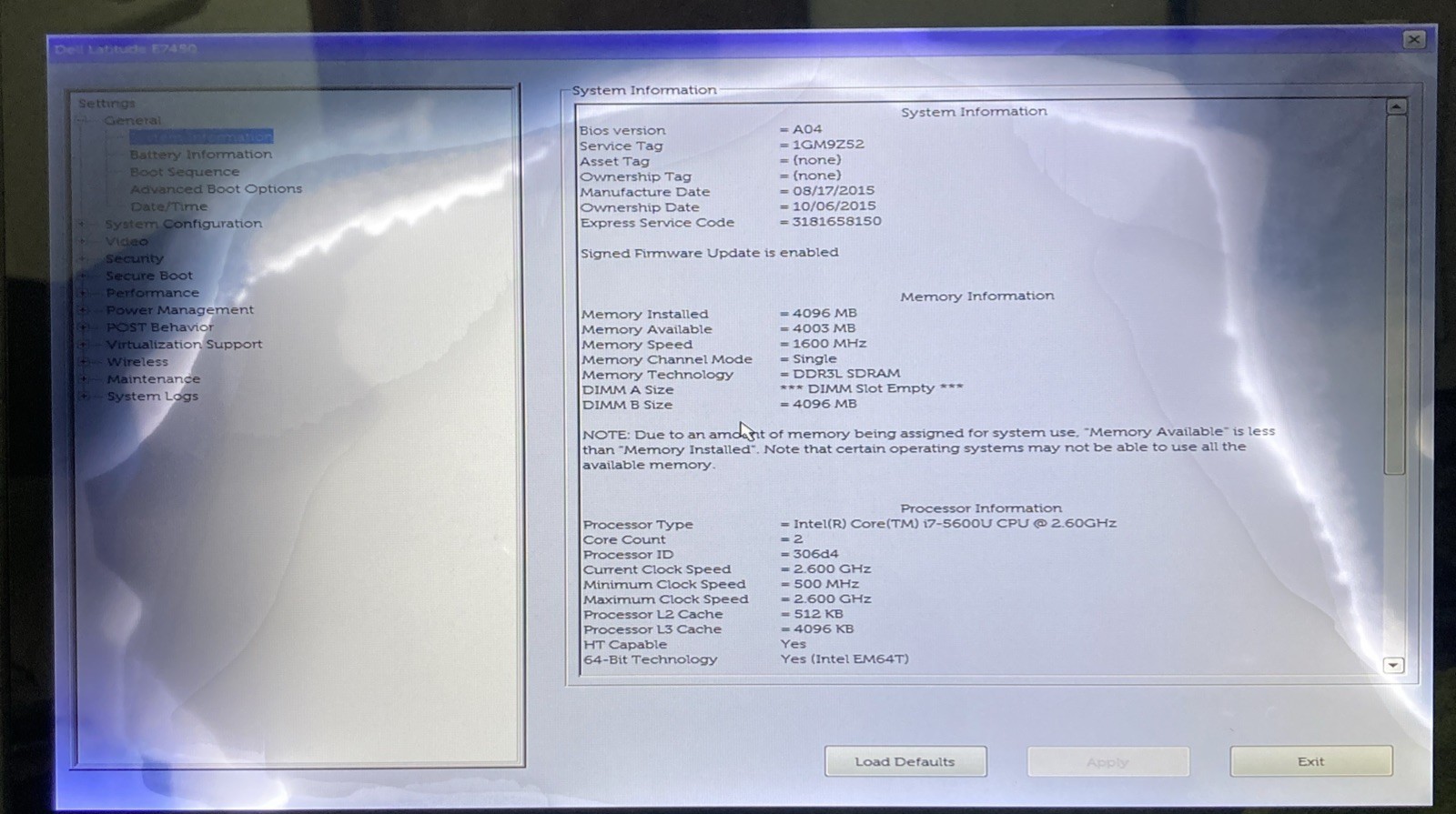 Dell Latitude E7450 intel core i7-5600U 2.6GHz 4GB Bad screen boot to BIOS