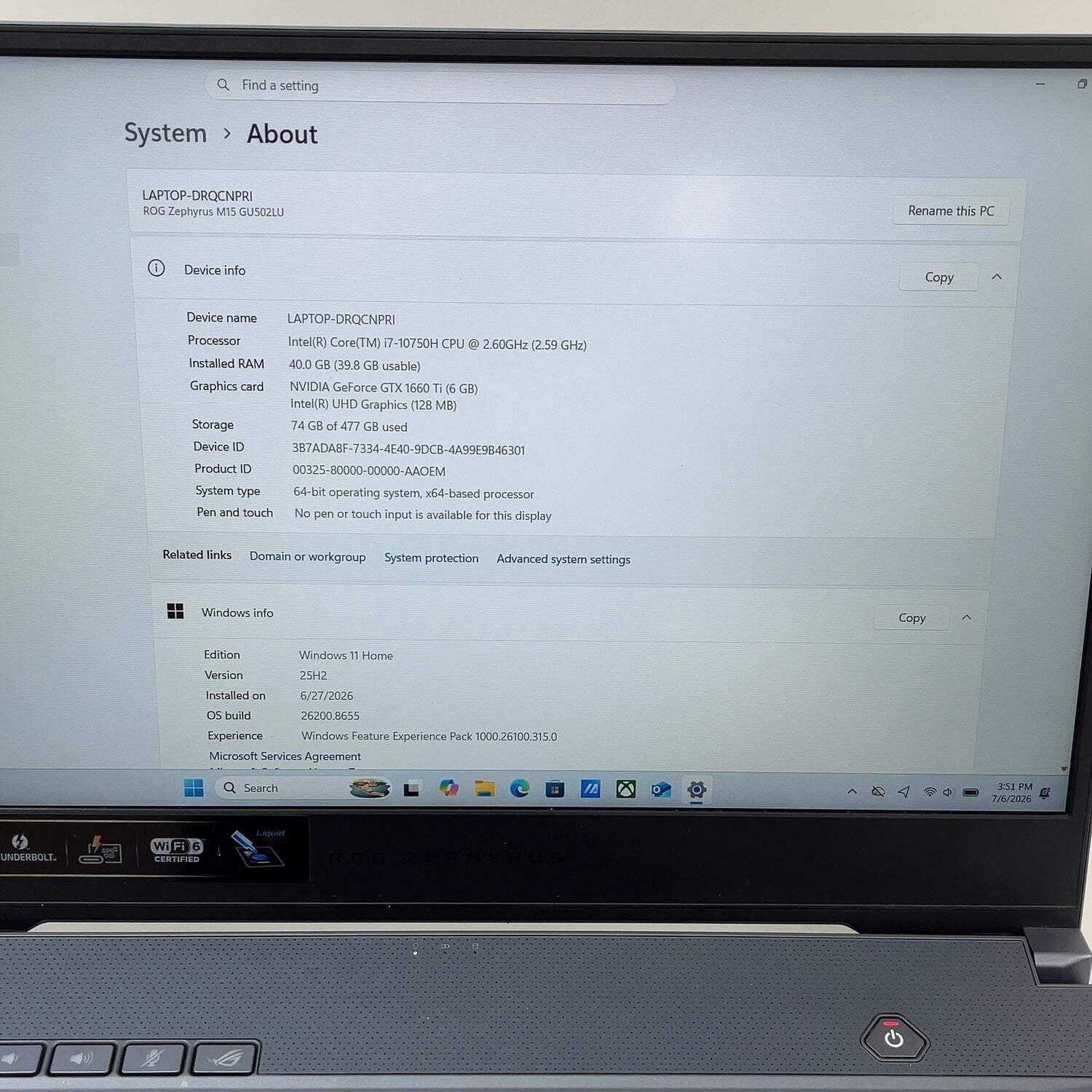 Asus ROG Zephyrus M15 GU502LU 15.6″ i7-10750H 2.6GHz 40GB 512GB SSD GTX 1660 Ti