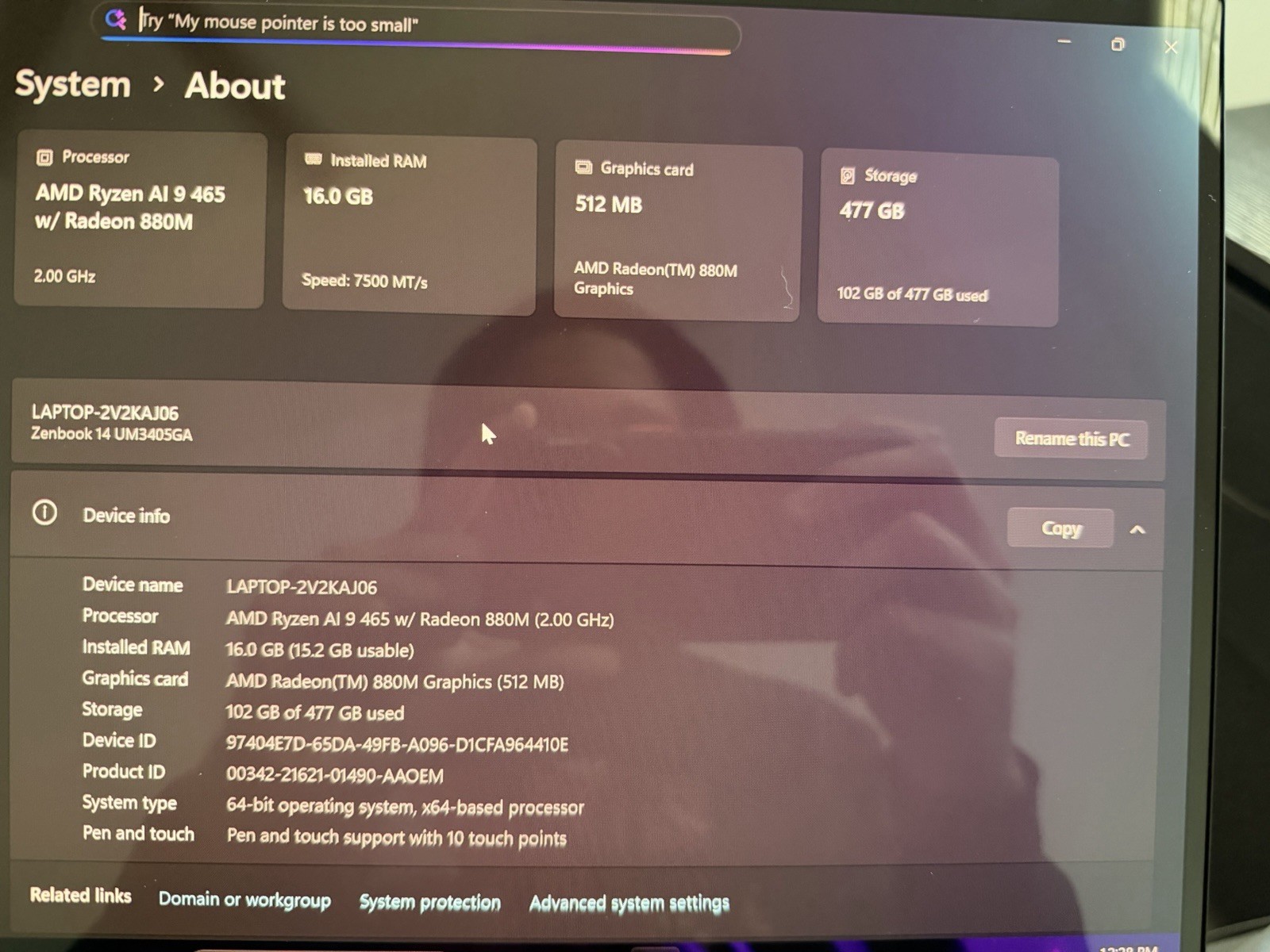 ASUS Zenbook 14 UM3405GA 14″ Touch Ryzen AI 9 465 16GB 512GB SSD Gray