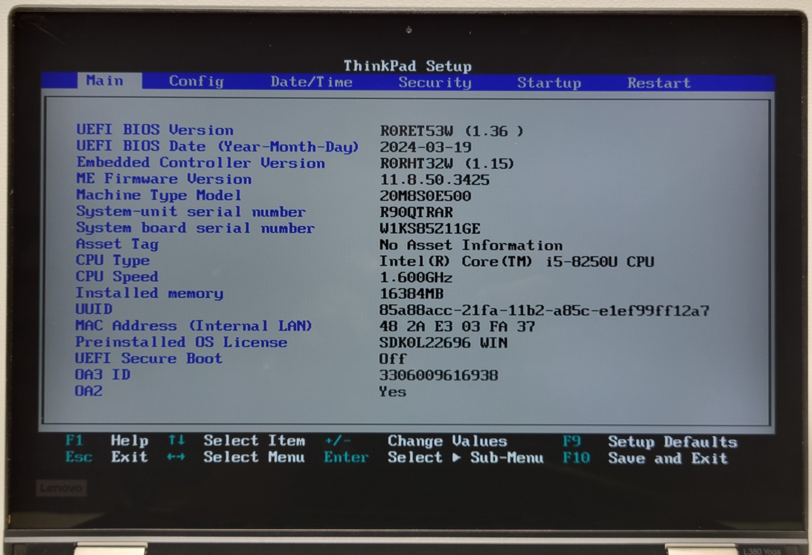 THINKPAD L380 YOGA i5-8250U 16GB RAM NO ADAPTER (UID TEF91E184F)
