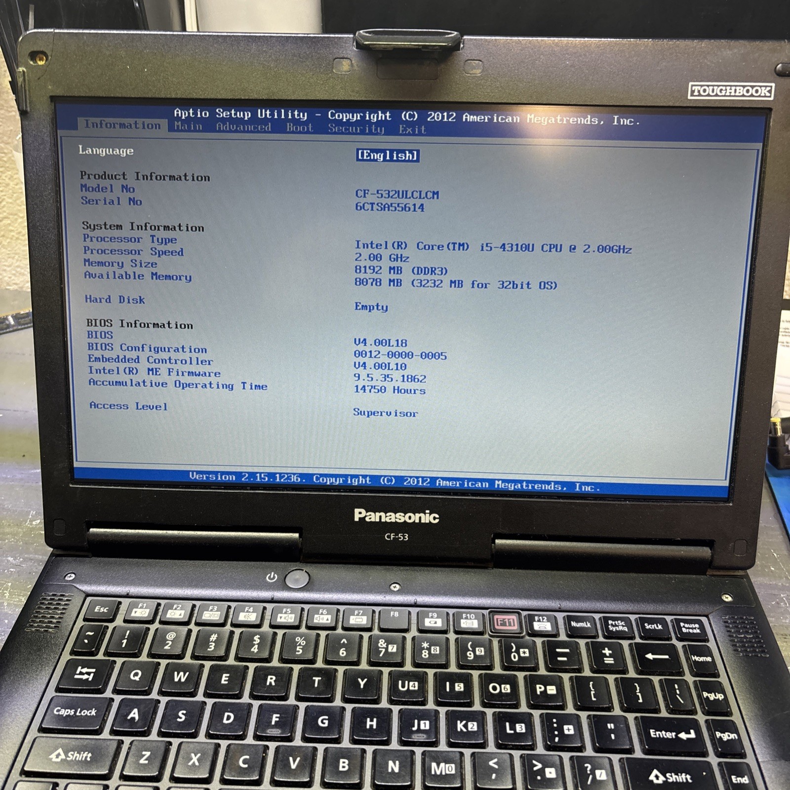 Panasonic CF-53 | Intel i5-4310U 2.00GHz 8GB RAM No HDD or Caddy.