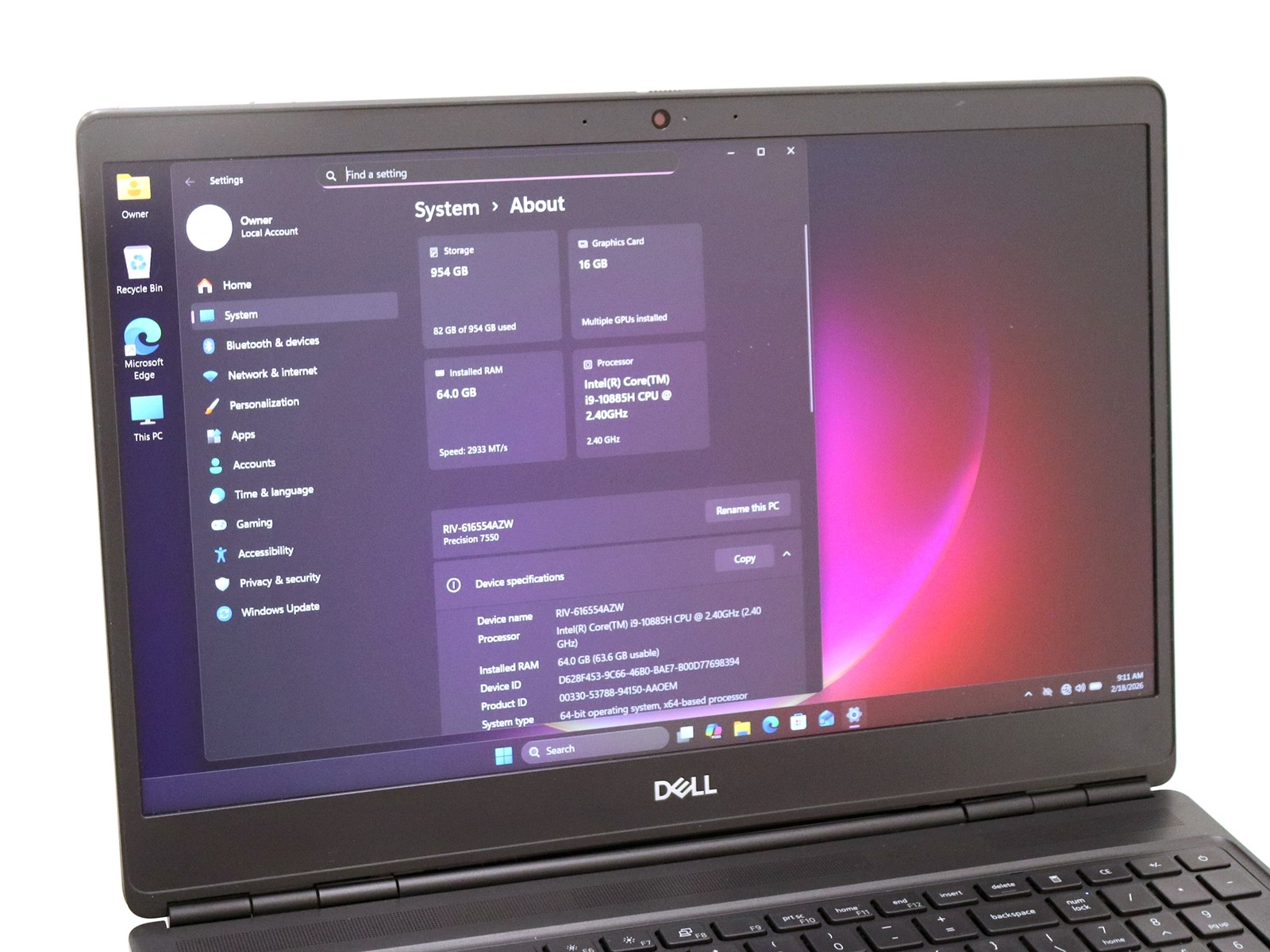 Dell Precision 7550 15.6″ Core i9-10885H 64GB 1TB NVMe W11P Quadro RTX 5000 READ